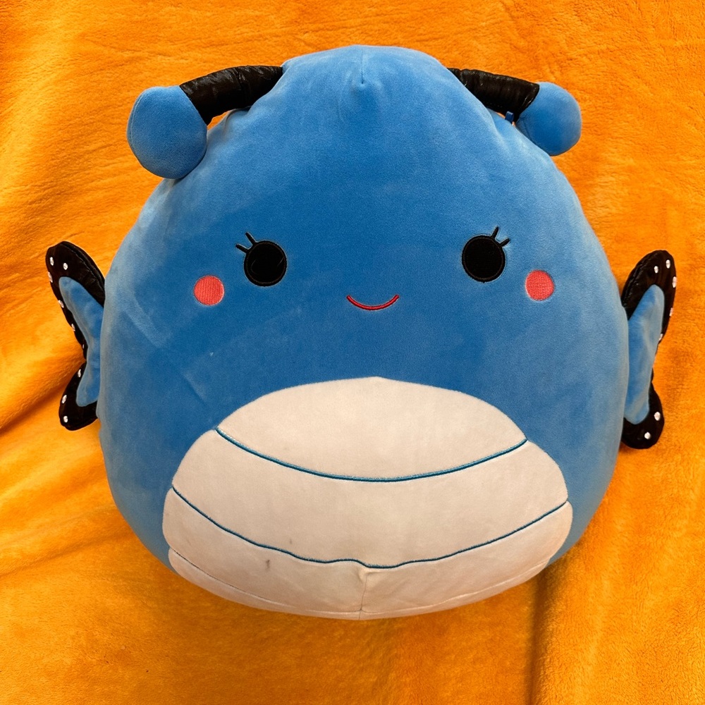 Squishmallows Blue Whale Plush with White Belly and Black Accent Details